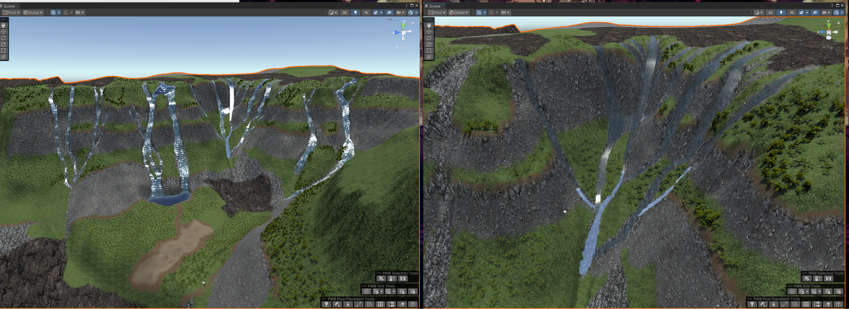 Image of a waterfall running down a mountain in unity.