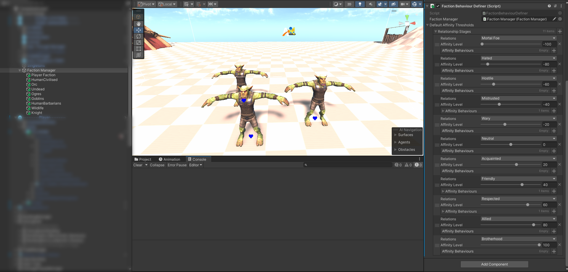 Bunch of orcs in unity's UI, pay attention to the unity UI on the right with the affinities.